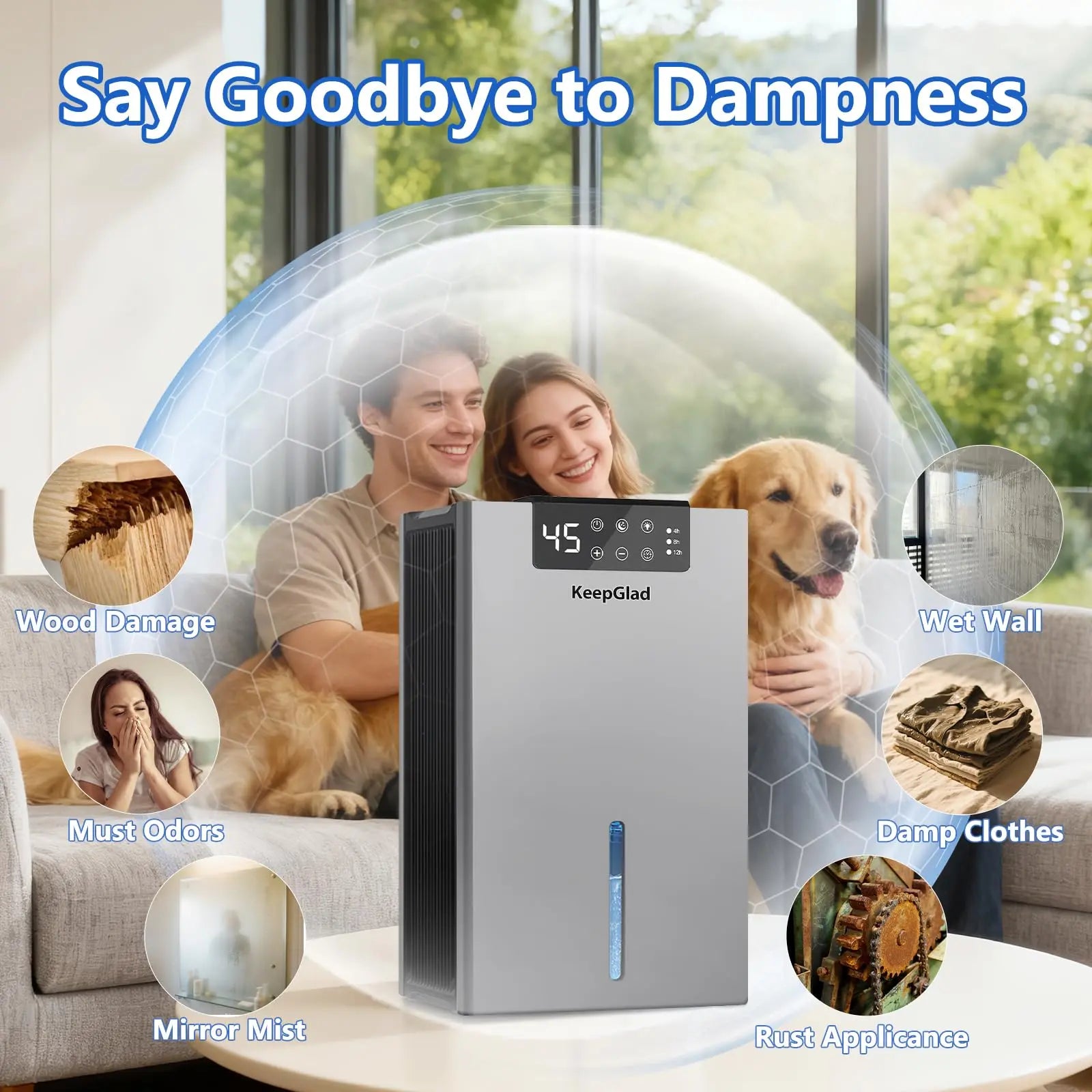 KeepGlad 98oz Dehumidifier for Home up to 1000 sq.ft – Humidity Display, Auto Shut - Off, Drain Hose, Timer, Washable Filter, 7 Ambient Lights - KeepGlad