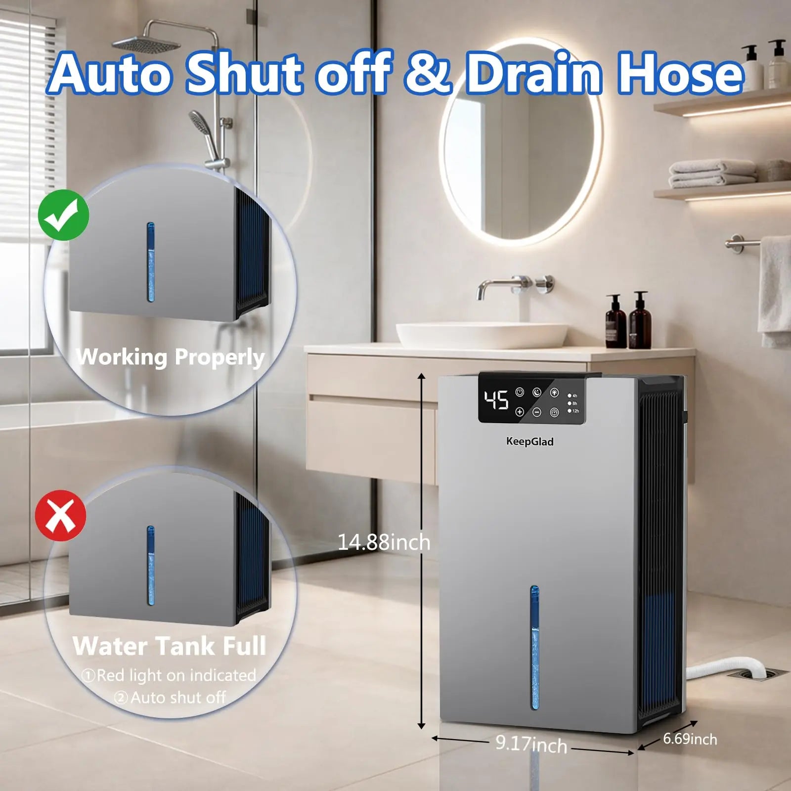 KeepGlad 98oz Dehumidifier for Home up to 1000 sq.ft – Humidity Display, Auto Shut - Off, Drain Hose, Timer, Washable Filter, 7 Ambient Lights - KeepGlad