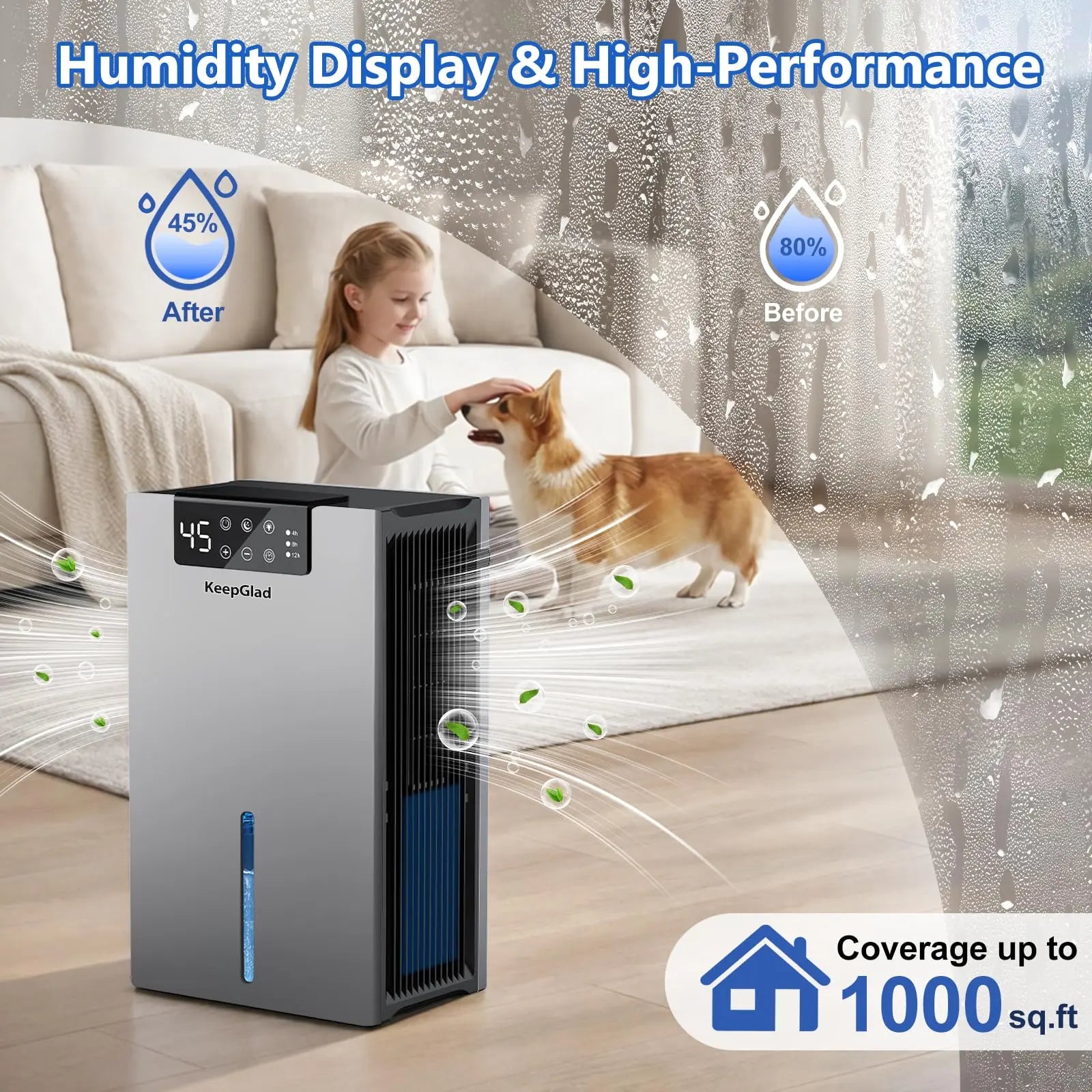 KeepGlad 98oz Dehumidifier for Home up to 1000 sq.ft – Humidity Display, Auto Shut - Off, Drain Hose, Timer, Washable Filter, 7 Ambient Lights - KeepGlad